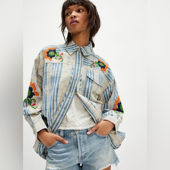 NWT We The Free Blue Plaid Sashiko Flannel Shirt with Floral Embroidery M - Picture 11 of 11